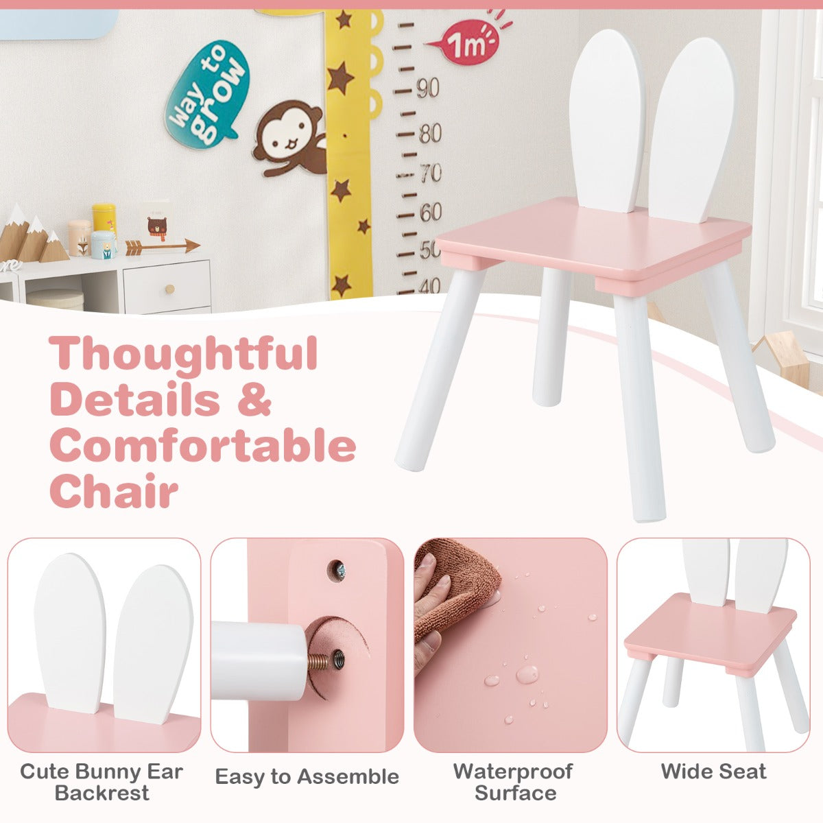 Smooth painted tabletop is easy to wipe clean after meals, crafts or creative activities