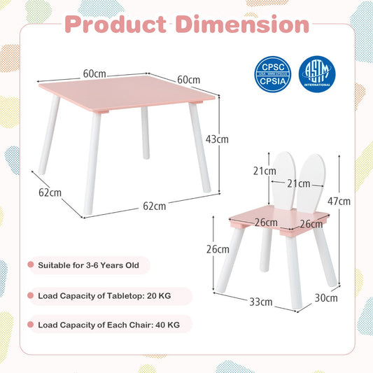 White kids table and chair set with bunny ear backrests for toddlers aged 3 to 6 years