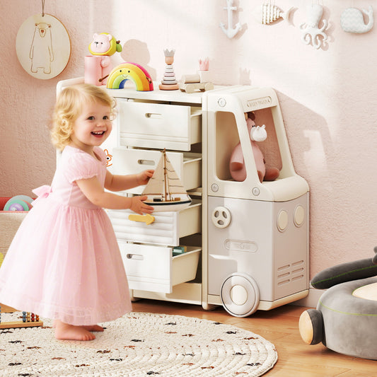Kids Toy Storage Organizer with 4 Pull-out Drawers and Spacious Countertop-Grey