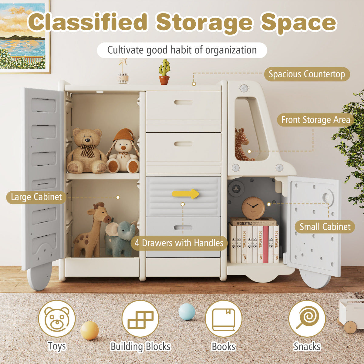 Kids Toy Storage Organizer with 4 Pull-out Drawers and Spacious Countertop-Grey