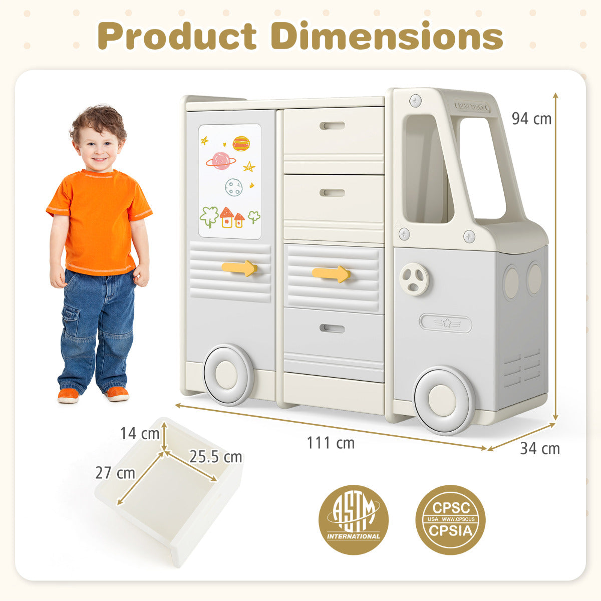 Kids Toy Storage Organizer with 4 Pull-out Drawers and Spacious Countertop-Grey