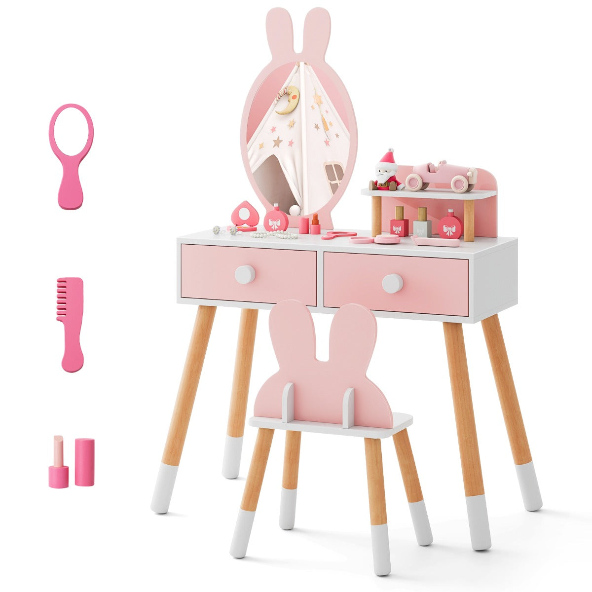 Kids Vanity Dressing Table Stool Set with Mirror Drawers