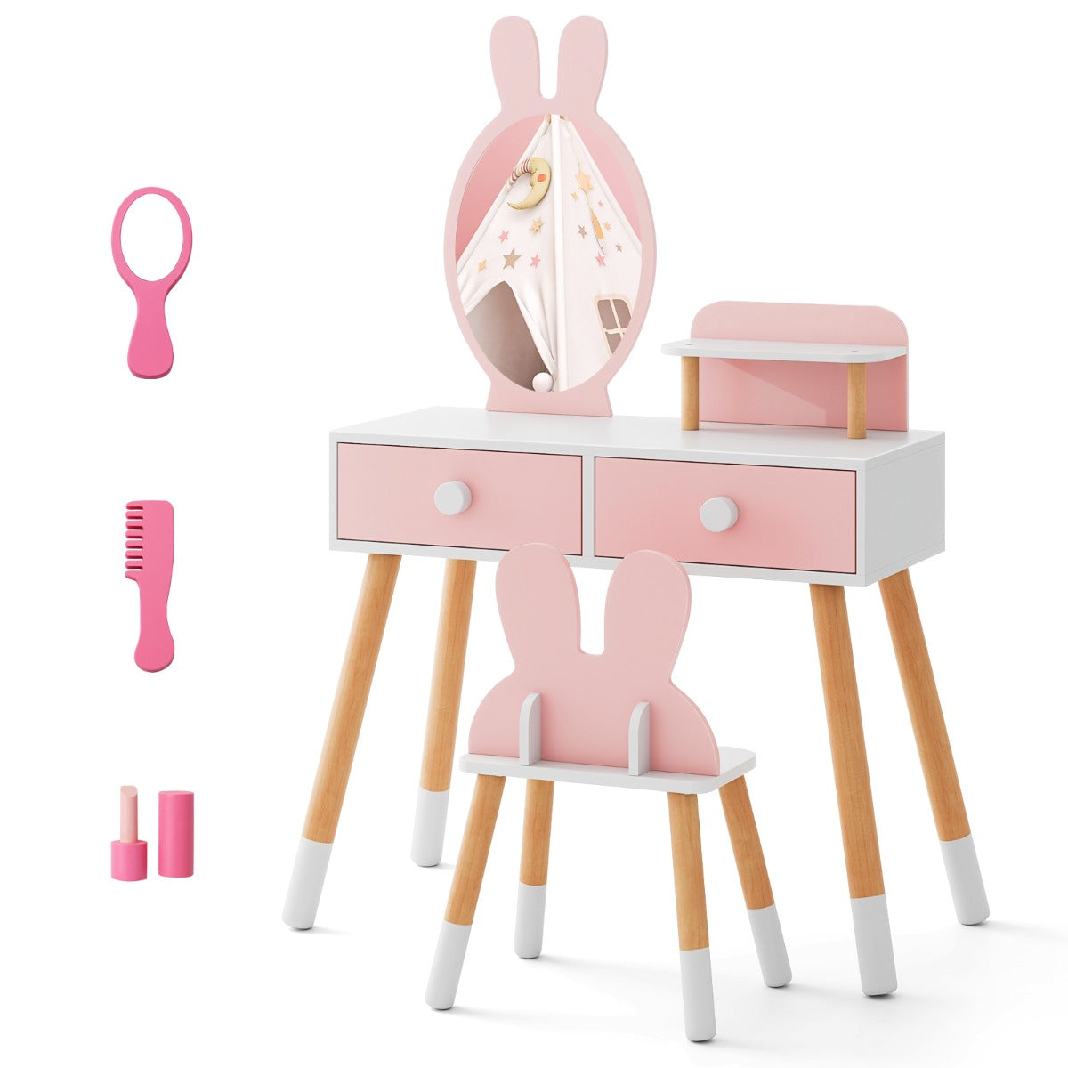 Kids Vanity Dressing Table Stool Set with Mirror Drawers