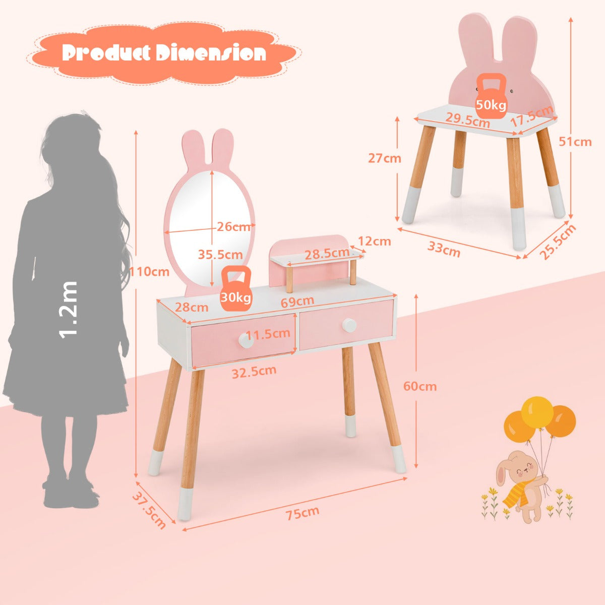 Kids Vanity Dressing Table Stool Set with Mirror Drawers