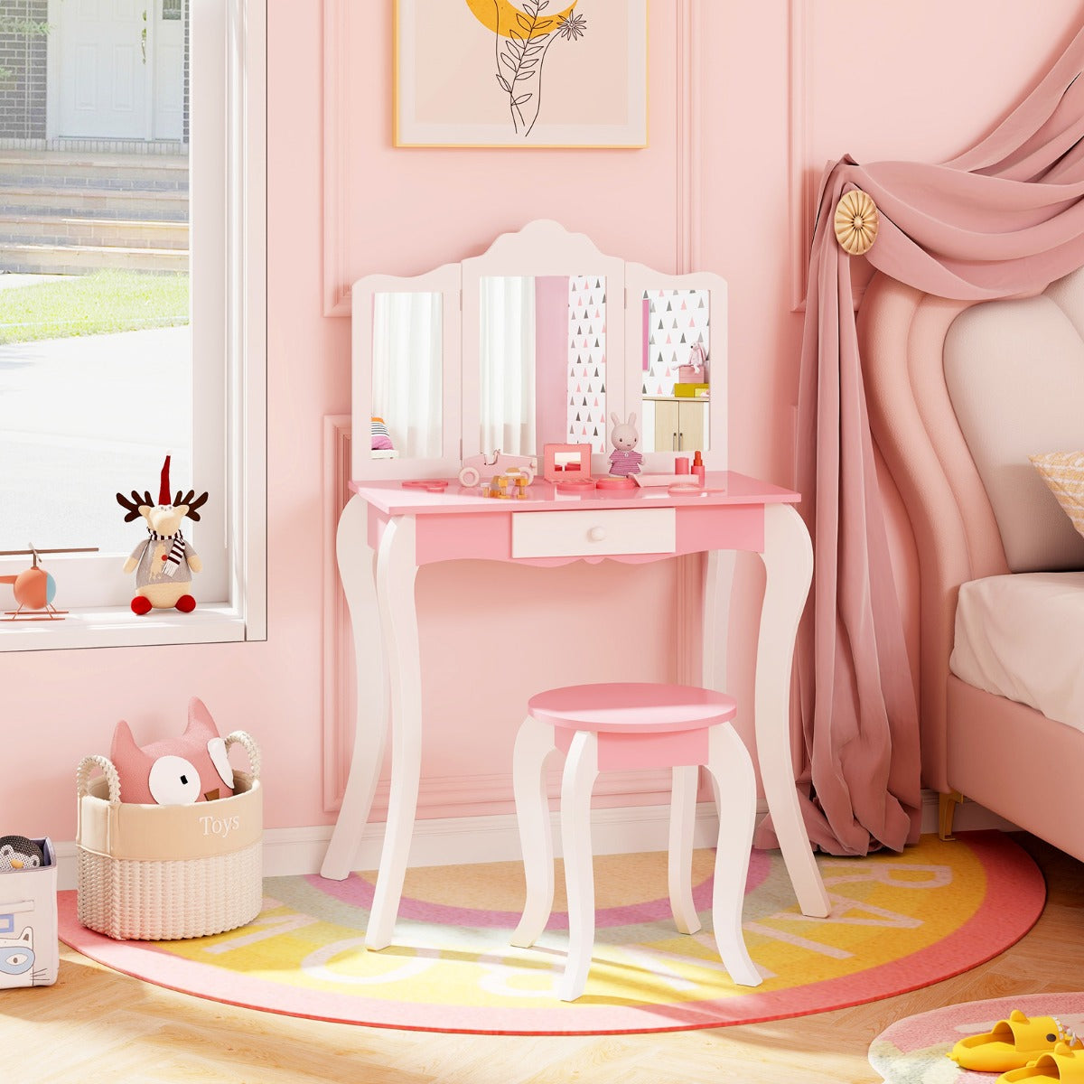Kids Vanity Set with Tri-folding Acrylic Mirror TOP 20 Bonus Trinkets Set