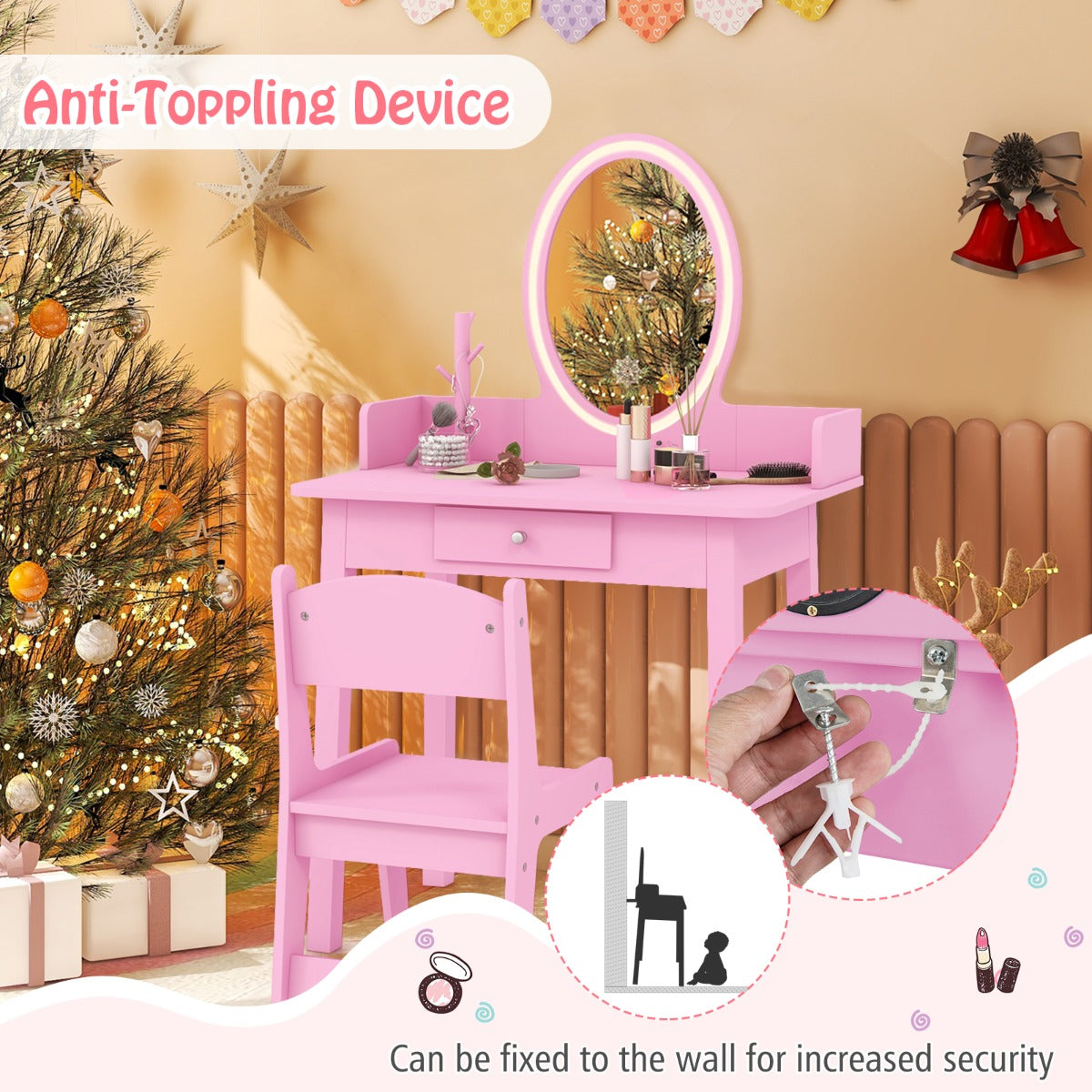 Kids Vanity Set with Lighted Mirror and Chair-Pink
