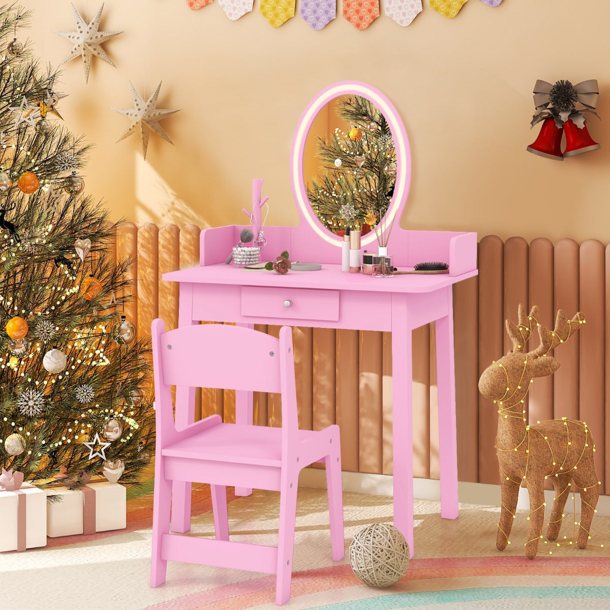 Kids Vanity Set with Lighted Mirror and Chair-Pink