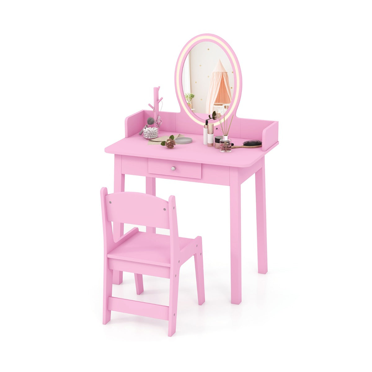 Kids Vanity Set with Lighted Mirror and Chair-Pink