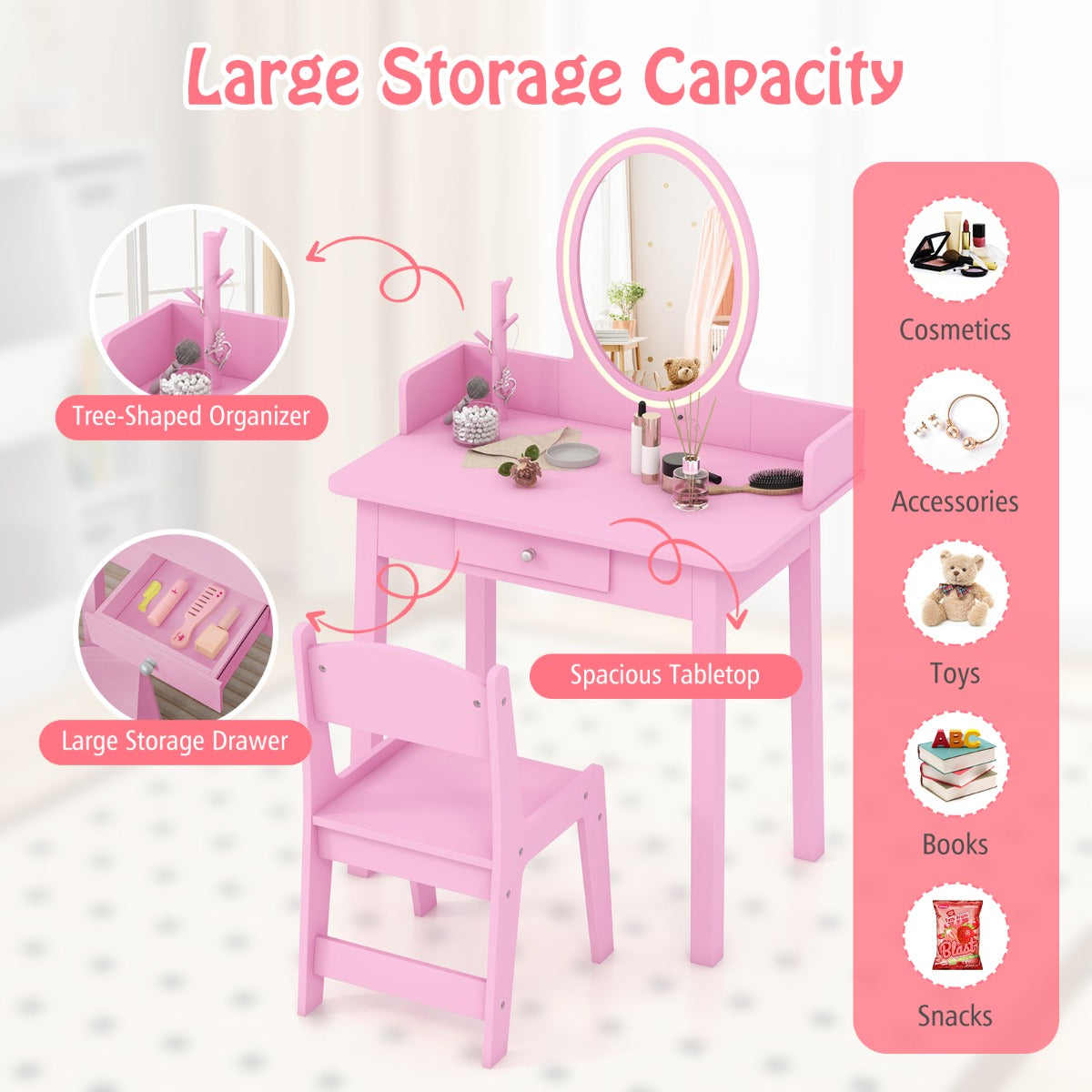 Kids Vanity Set with Lighted Mirror and Chair-Pink
