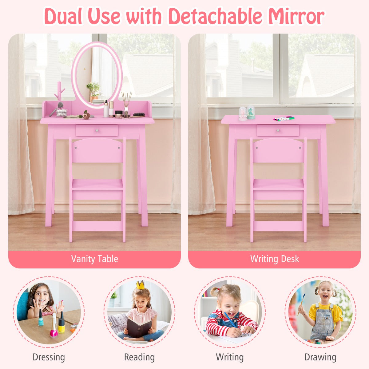 Kids Vanity Set with Lighted Mirror and Chair-Pink