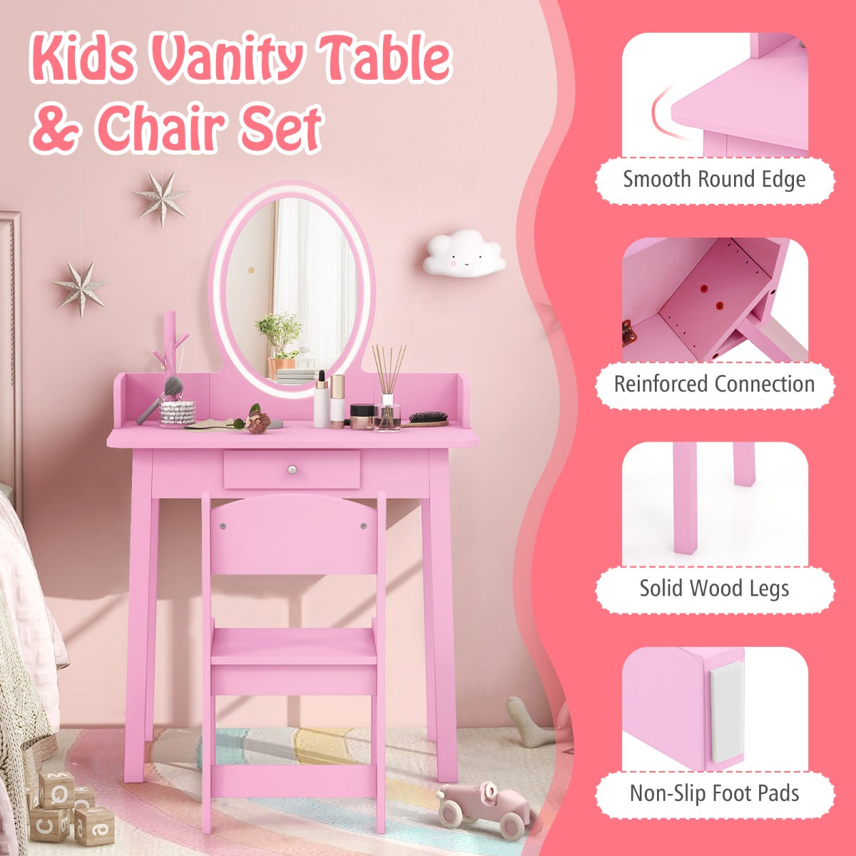 Kids Vanity Set with Lighted Mirror and Chair-Pink