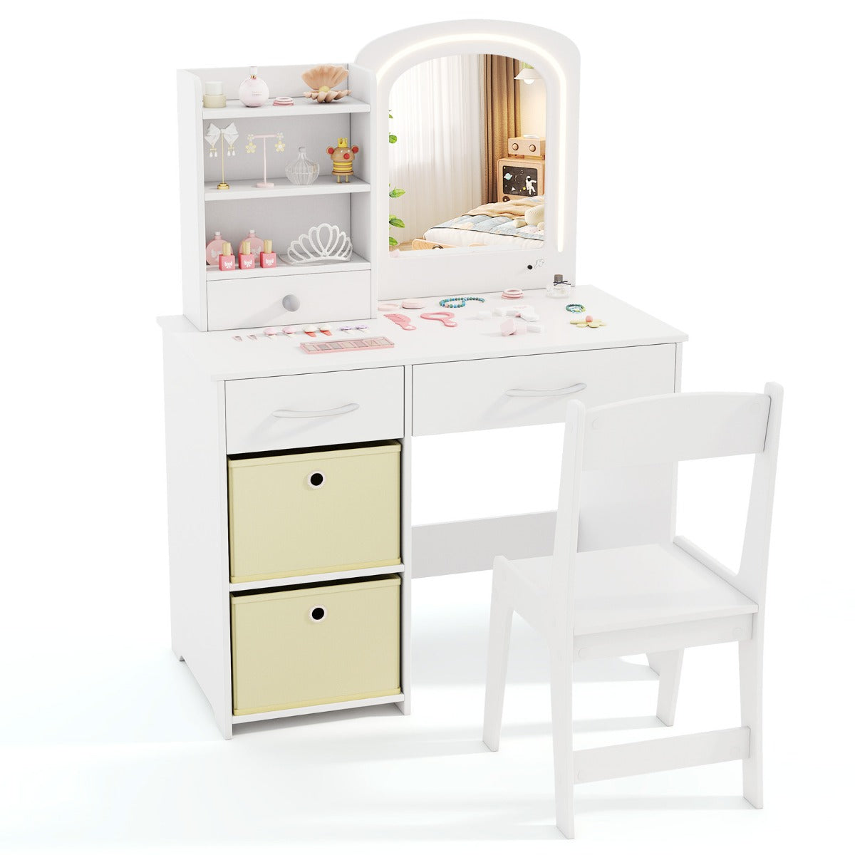Kids Vanity Set with 2 Color Lighted Mirror and Storage Drawers-White