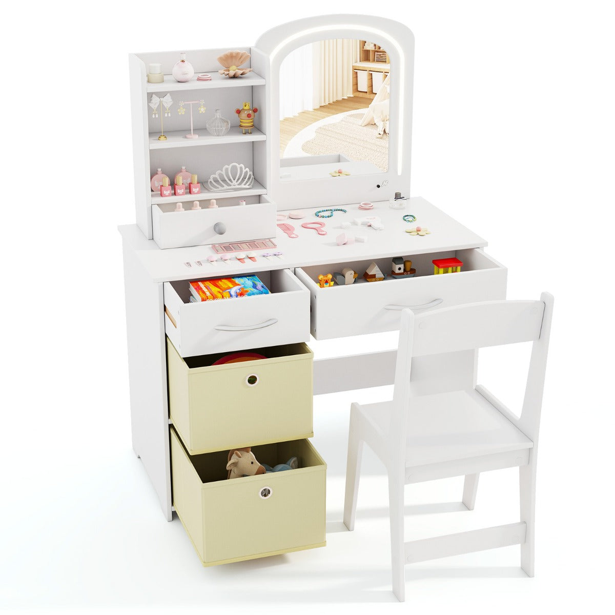 Kids Vanity Set with 2 Color Lighted Mirror and Storage Drawers-White