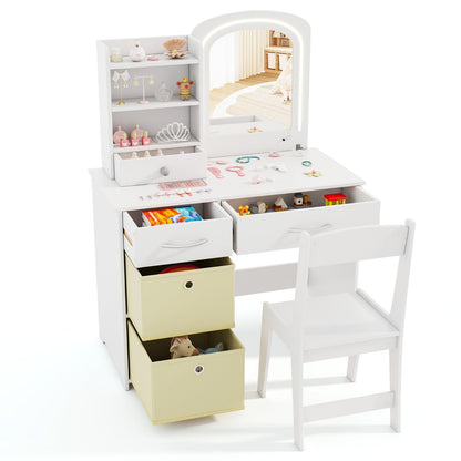 Kids Vanity Set with 2 Color Lighted Mirror and Storage Drawers-White
