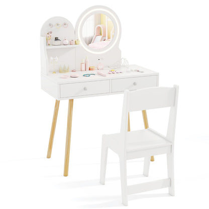 Kids Vanity Set with 2-Color Front Lit Mirror for 3+ Years-White