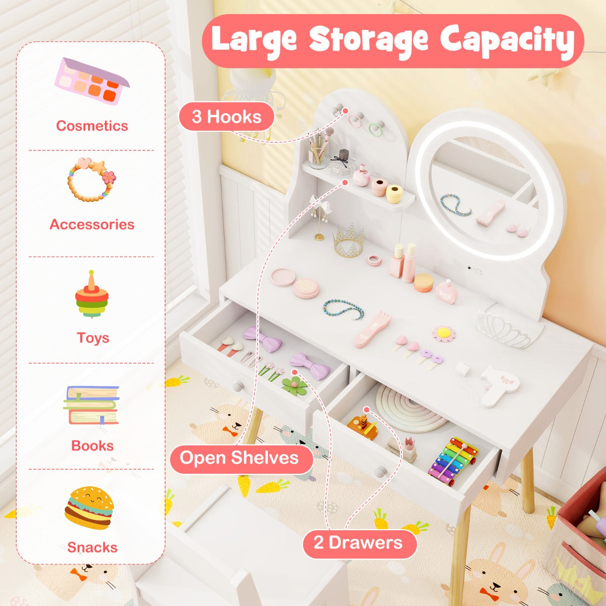 Kids Vanity Set with 2-Color Front Lit Mirror for 3+ Years-White