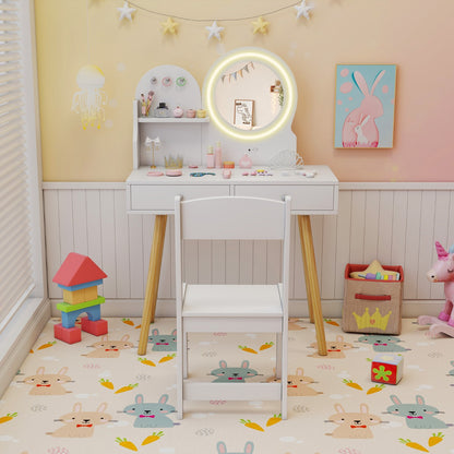Kids Vanity Set with 2-Color Front Lit Mirror for 3+ Years-White