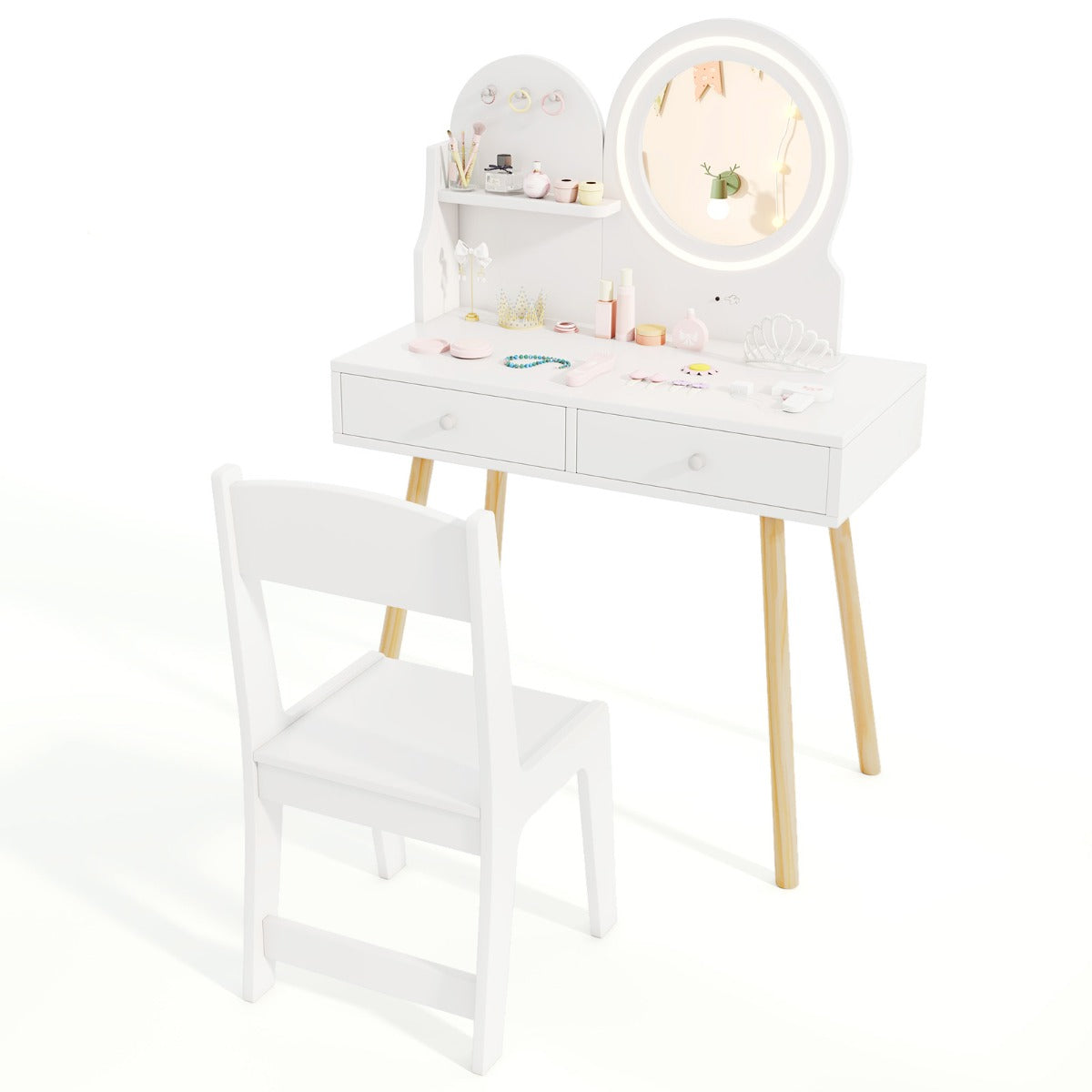 Kids Vanity Set with 2-Color Front Lit Mirror for 3+ Years-White
