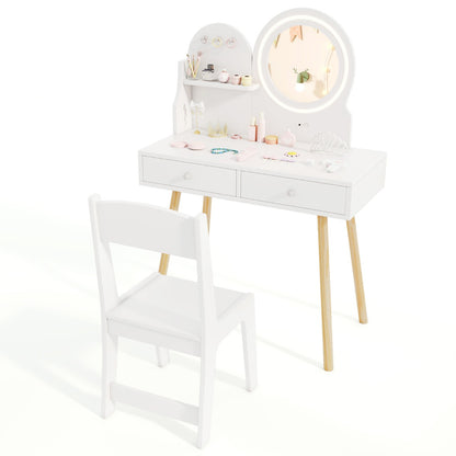 Kids Vanity Set with 2-Color Front Lit Mirror for 3+ Years-White
