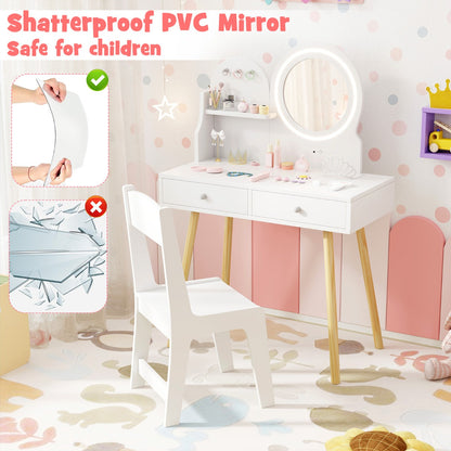 Kids Vanity Set with 2-Color Front Lit Mirror for 3+ Years-White