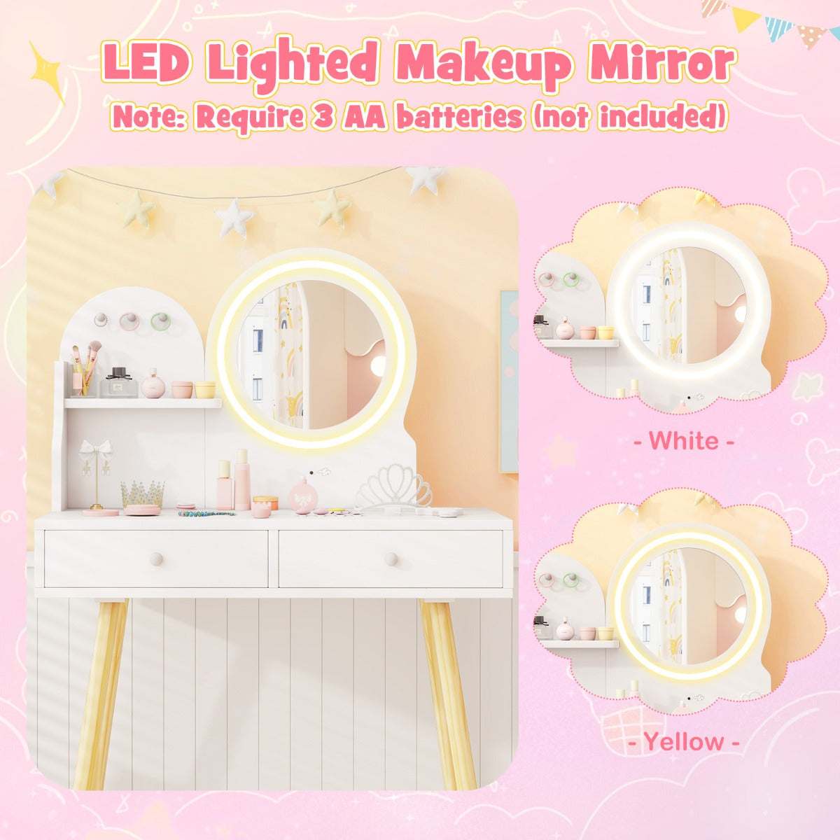 Kids Vanity Set with 2-Color Front Lit Mirror for 3+ Years-White