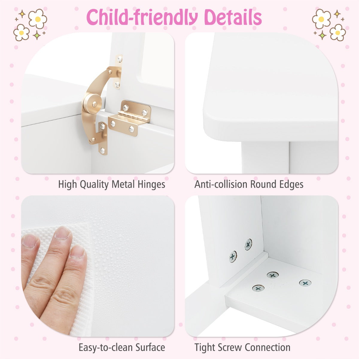 Kids Vanity Set with Flip Top Mirror and Anti-toppling Device-White