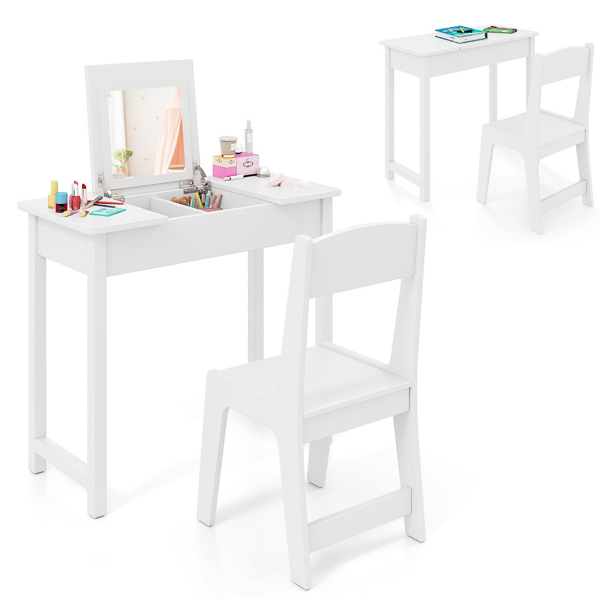 Kids Vanity Set with Flip Top Mirror and Anti-toppling Device-White