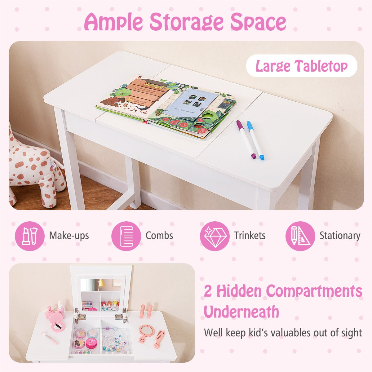 Kids Vanity Set with Flip Top Mirror and Anti-toppling Device-White