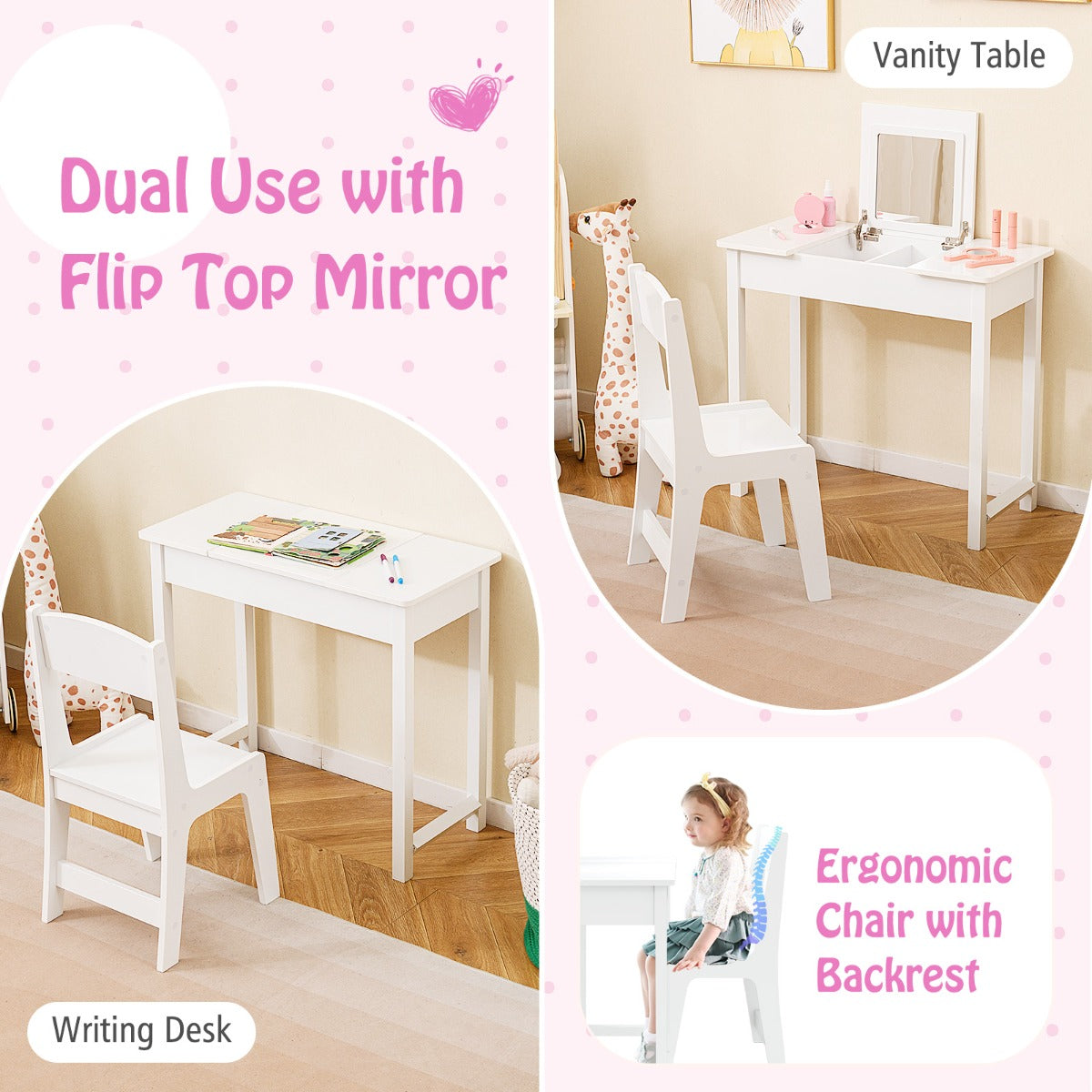 Kids Vanity Set with Flip Top Mirror and Anti-toppling Device-White