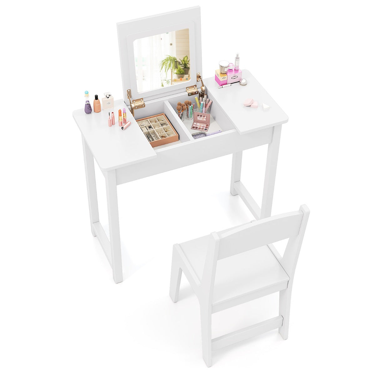 Kids Vanity Set with Flip Top Mirror and Anti-toppling Device-White