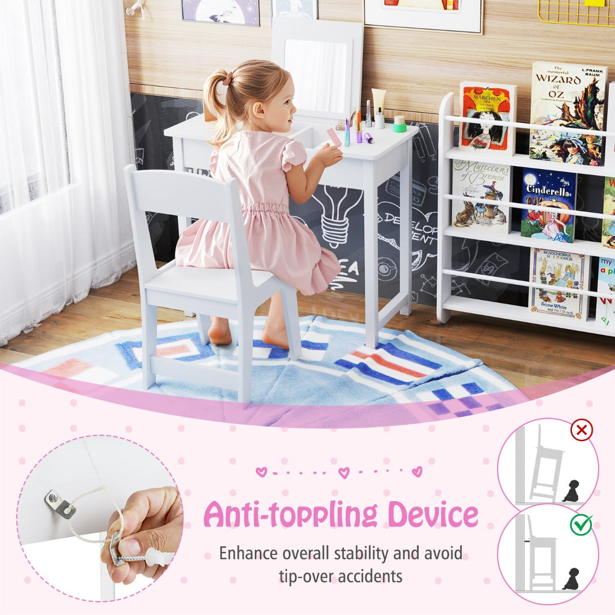 Kids Vanity Set with Flip Top Mirror and Anti-toppling Device-White