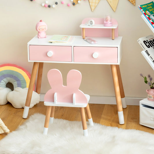Costway 2-in-1 Princess Makeup Dressing Desk with Mirror-Pink