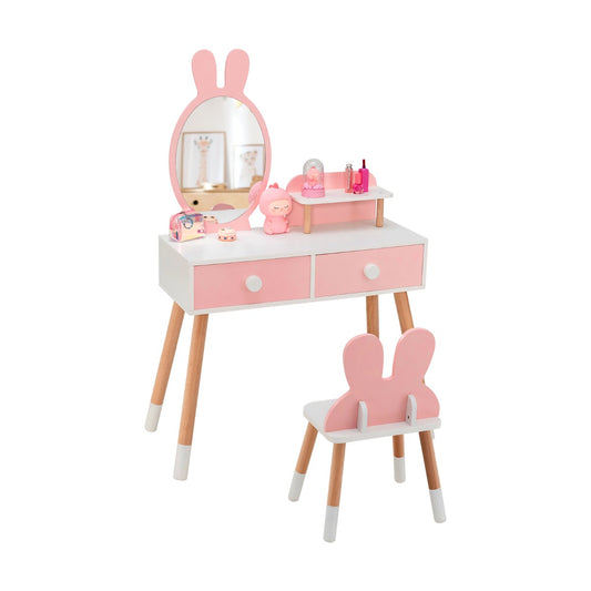 Costway 2-in-1 Princess Makeup Dressing Desk with Mirror-Pink