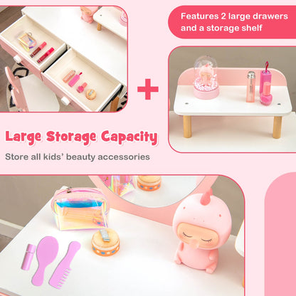 Costway 2-in-1 Princess Makeup Dressing Desk with Mirror-Pink
