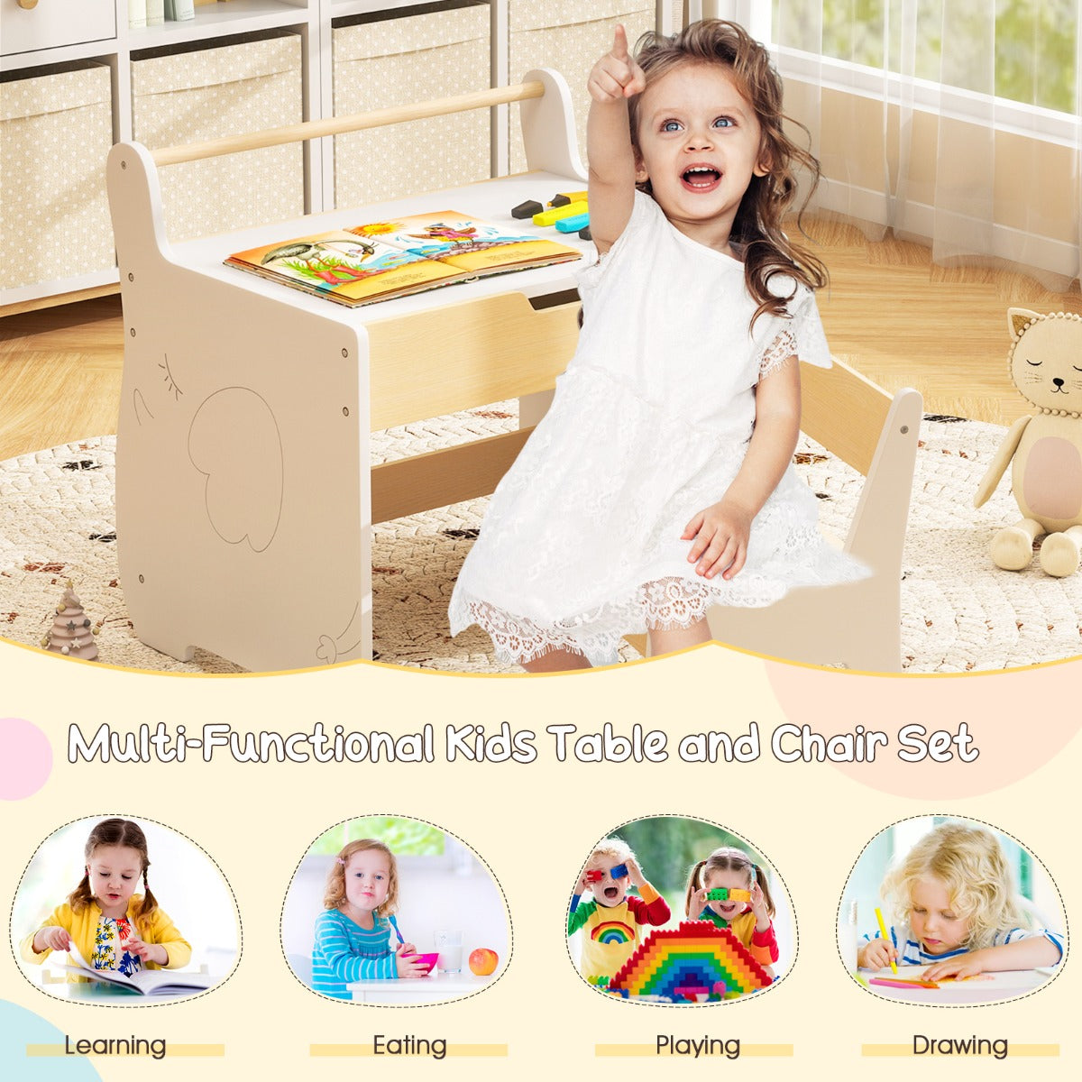 3 In 1 Kids Wood Table and Chair Set with Detachable Tabletop-White