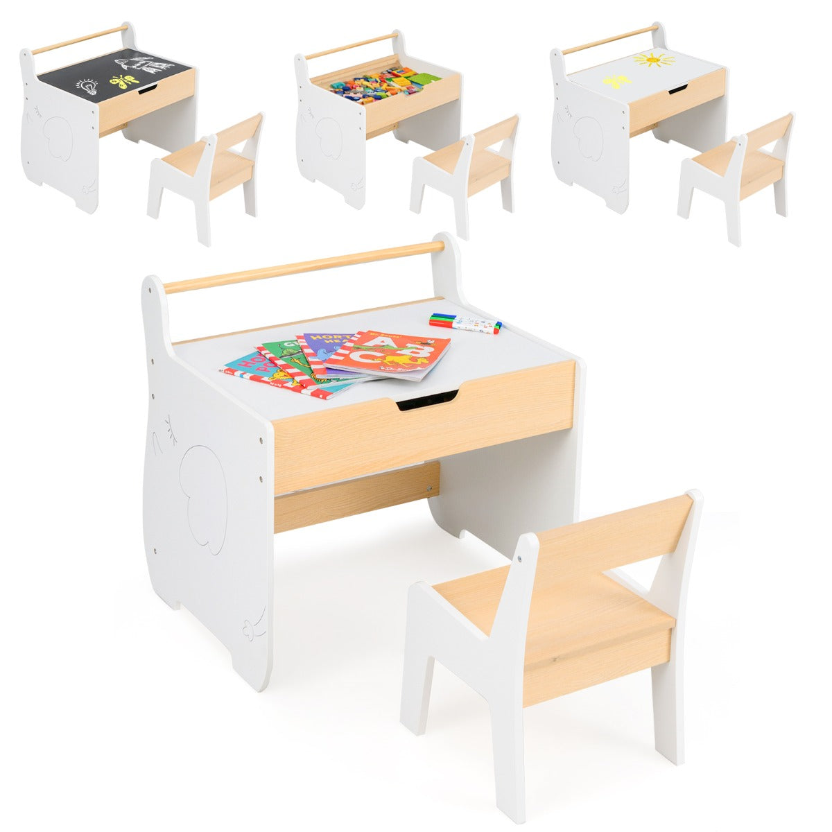3 In 1 Kids Wood Table and Chair Set with Detachable Tabletop-White