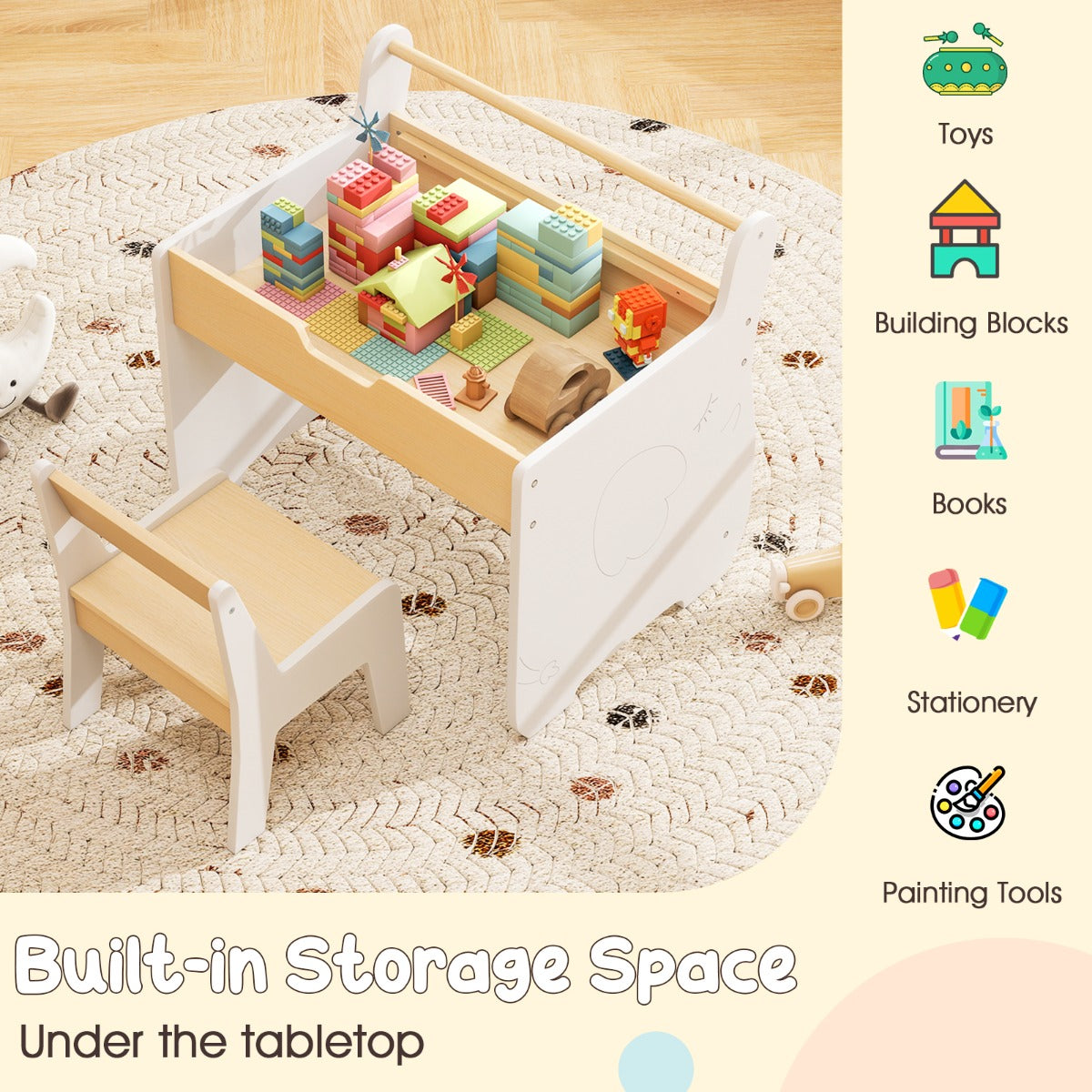 3 In 1 Kids Wood Table and Chair Set with Detachable Tabletop-White