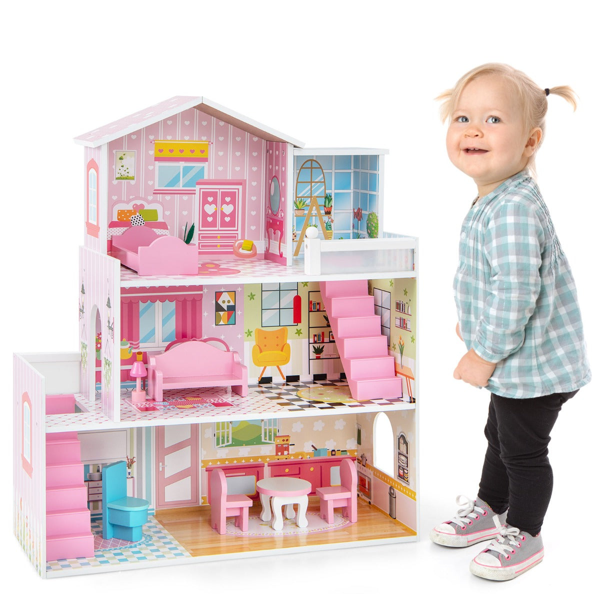 Kids Wooden Dollhouse with 5 Simulated Rooms & 10 Pieces of Furniture