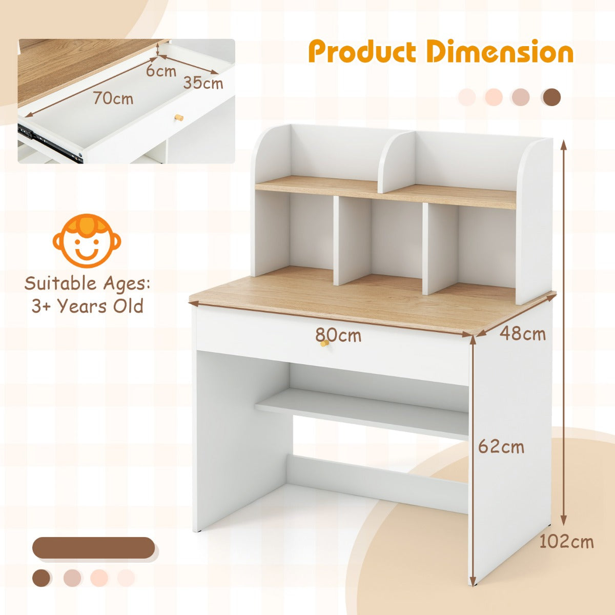 Kids Wooden Study Desk with Hutch and Drawer