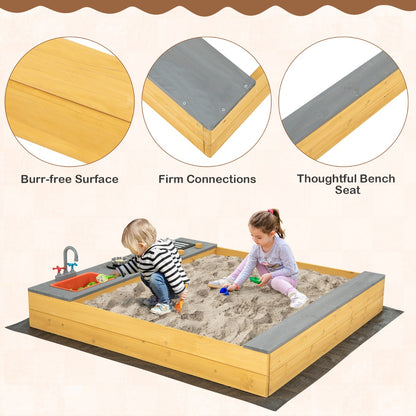 Kids Wooden Sandbox with Kitchen Playset and Bottom Liner