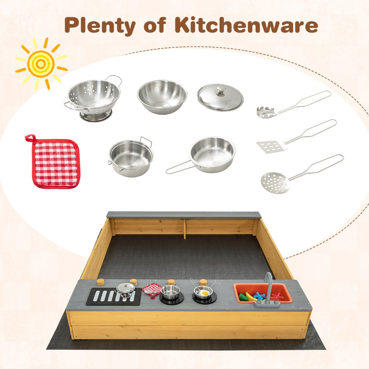 Kids Wooden Sandbox with Kitchen Playset and Bottom Liner