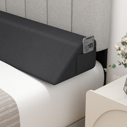 Bed Wedge Pillow for Headboard Gap with 2 Storage Pockets-Grey-King