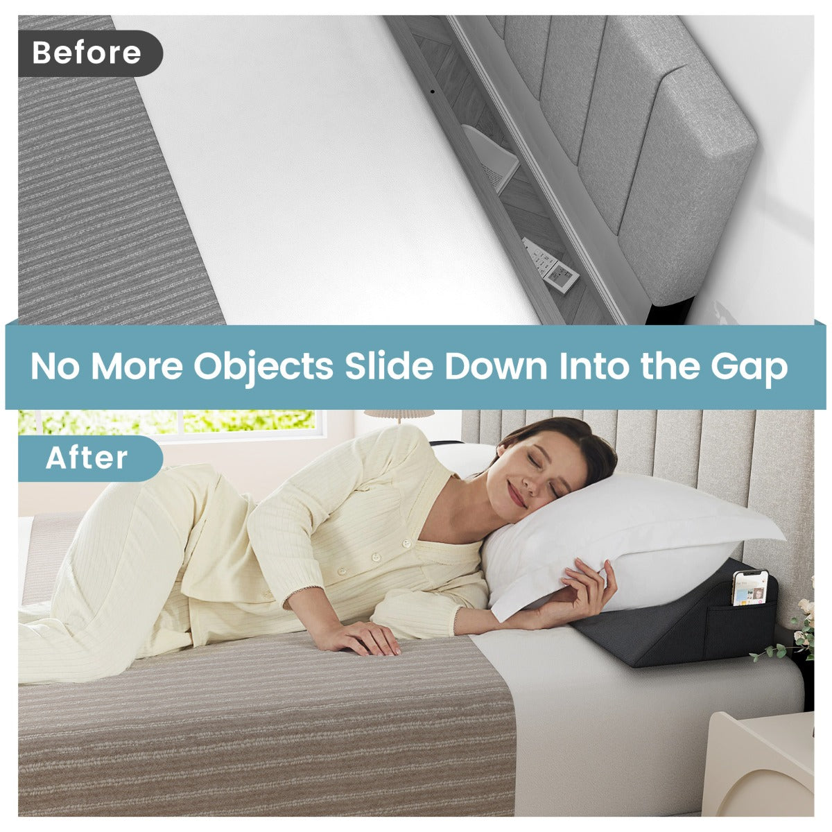 Bed Wedge Pillow for Headboard Gap with 2 Storage Pockets-Grey-King
