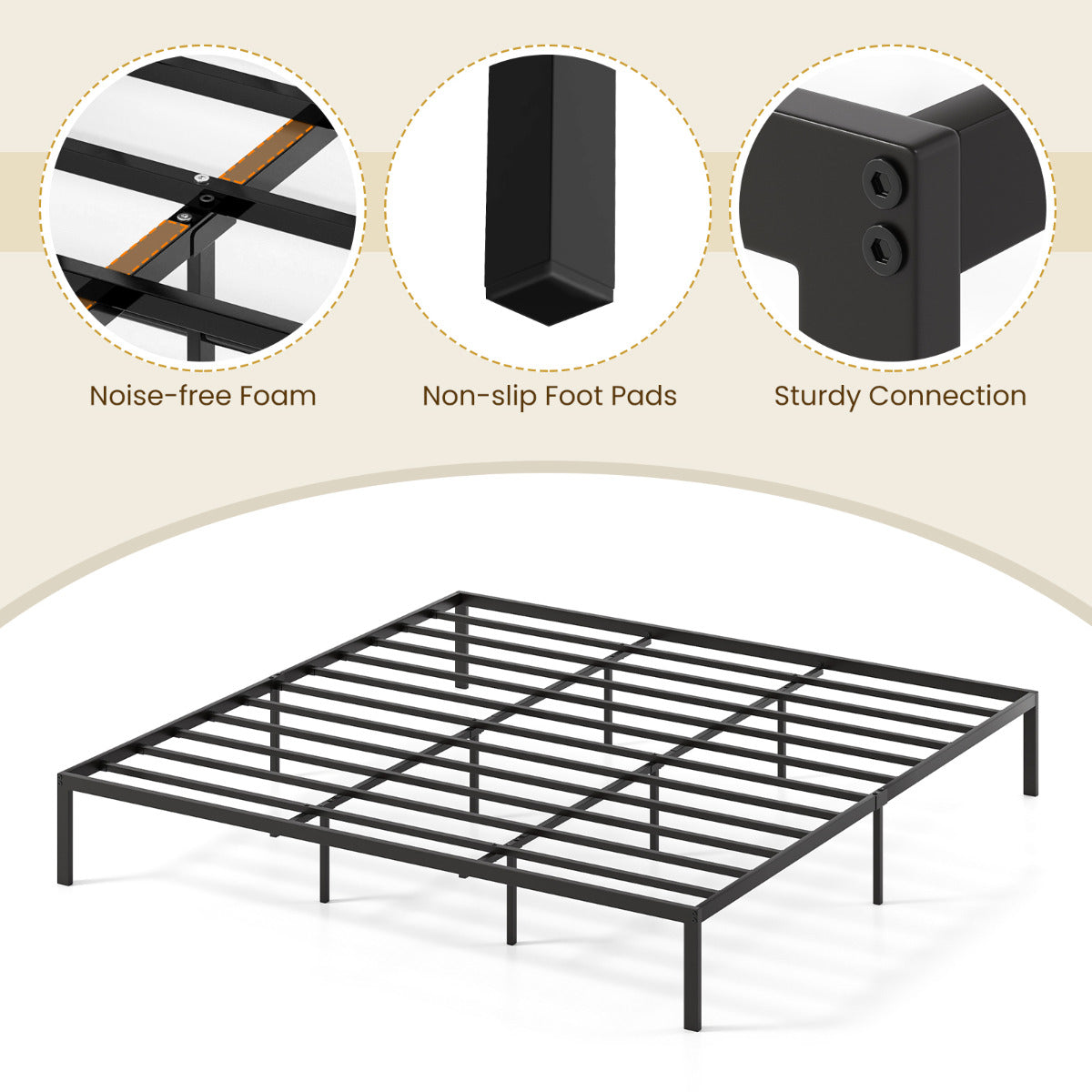 King Metal Bed Frame Platform Bed-Black-King