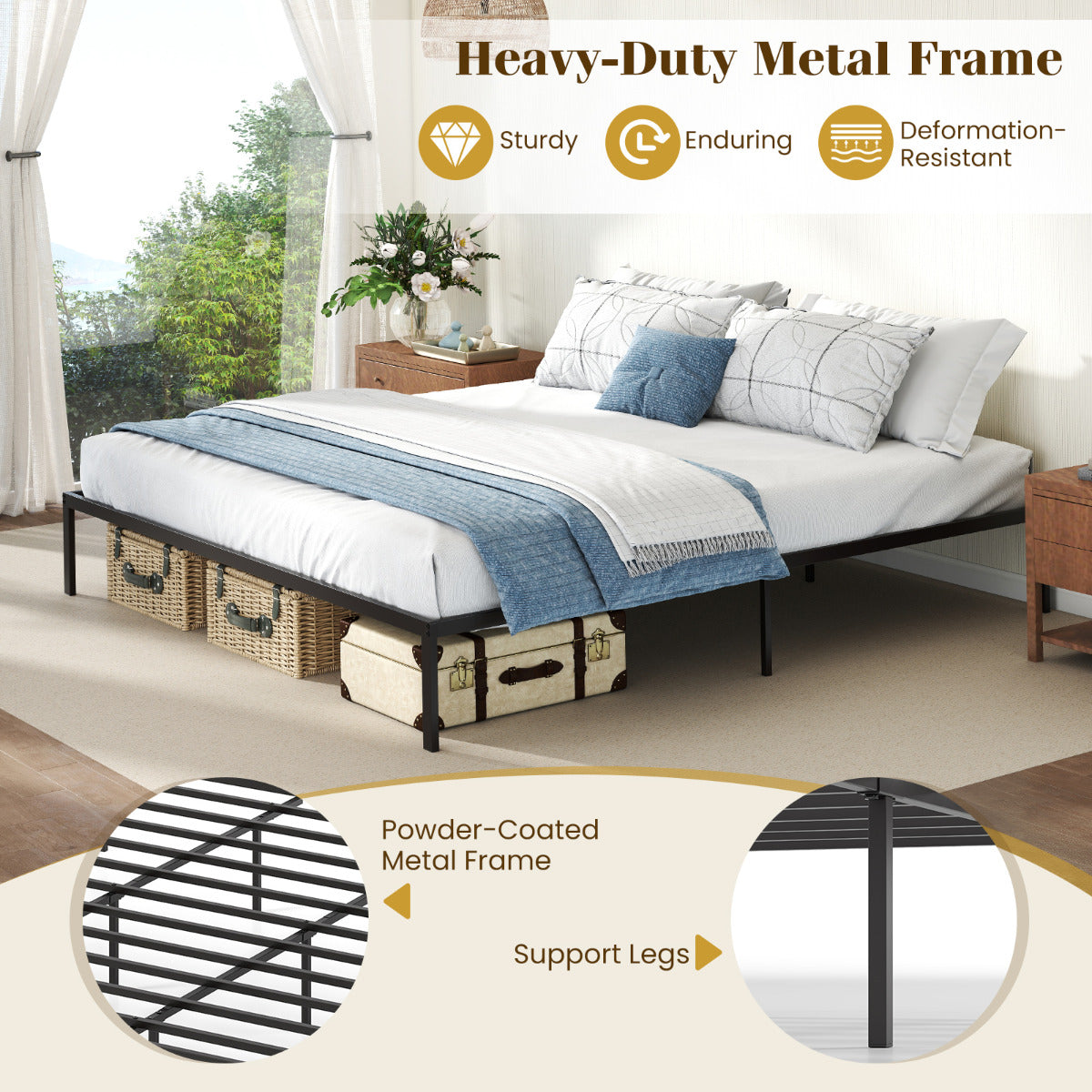 King Metal Bed Frame Platform Bed-Black-King