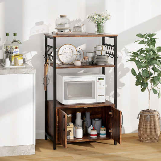 Costway Kitchen Bakers Rack 3-Tier Pantry Cabinet with Cabinet and 2 Open Shelves-Brown