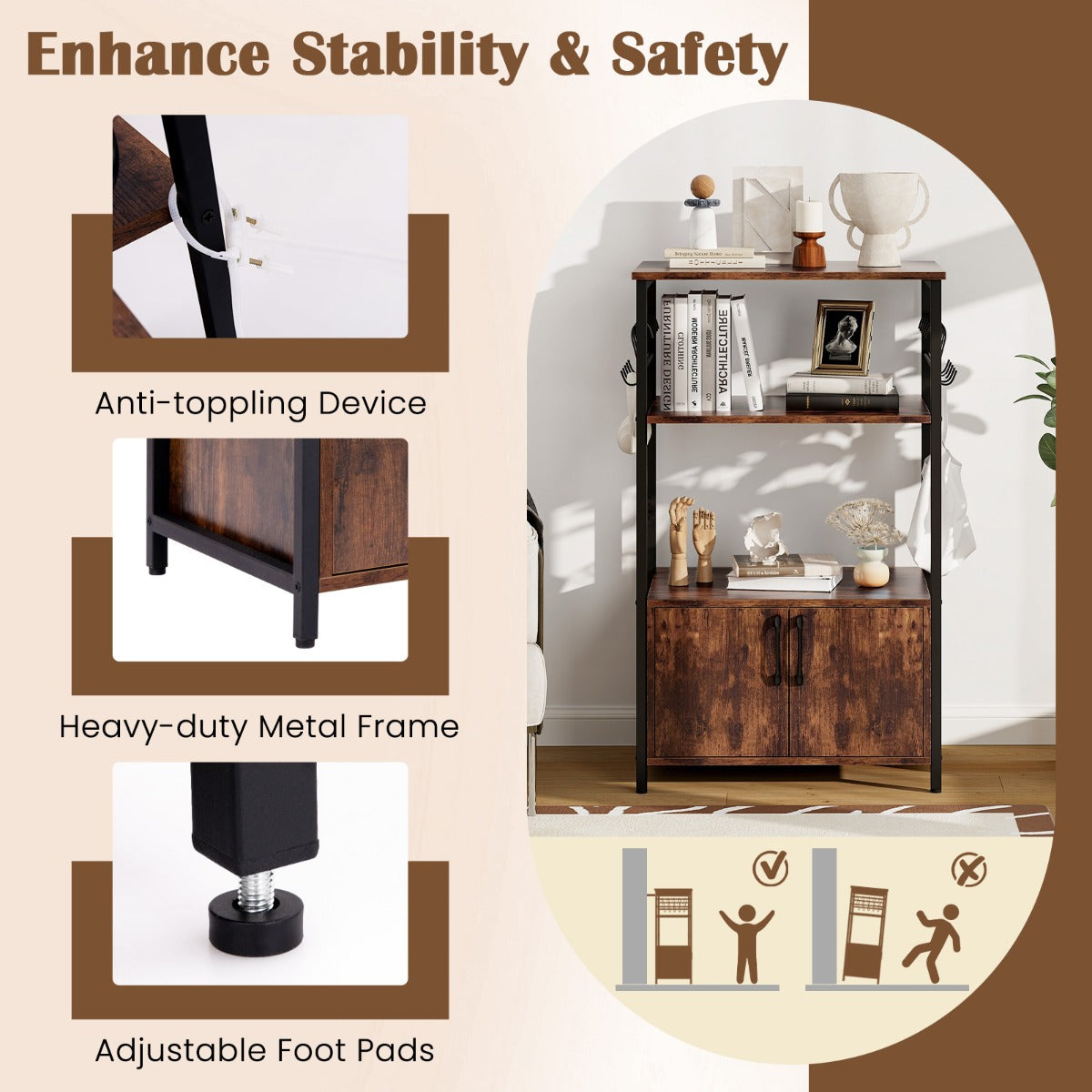 Two open shelves and cabinet storage create a versatile solution for appliances, cookware and décor