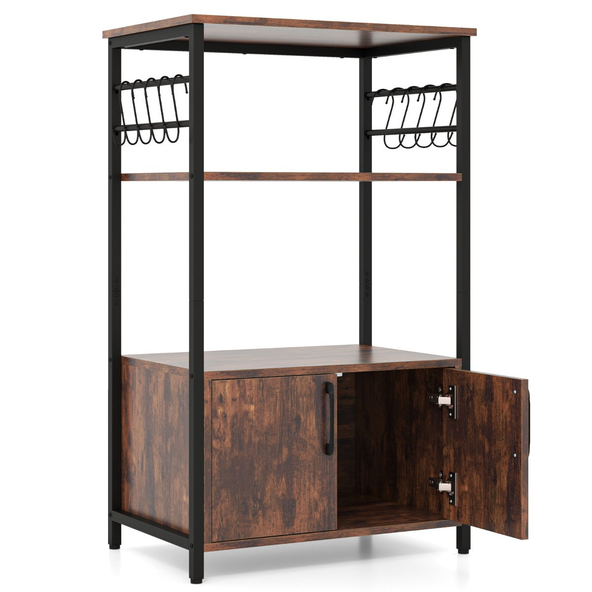 Open shelving provides accessible space for microwaves, spice jars, appliances and everyday kitchen essentials