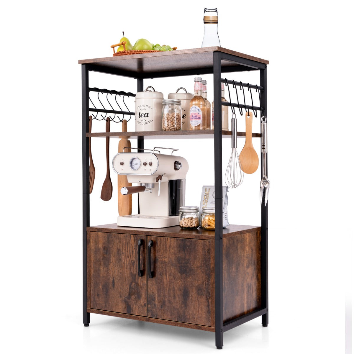 Anti-toppling device helps secure the pantry rack and reduce wobbling for improved household safety