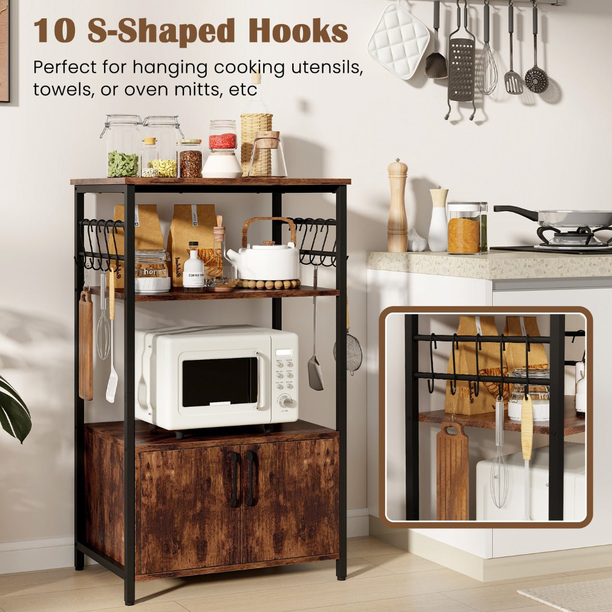 Metal handles and soft-close hinges provide convenient, controlled access to the enclosed cabinet